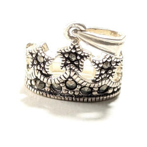 Sterling Silver 925 Vintage Tiara Crown With Marcasite Stars Pendant Charm 1.3g